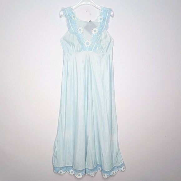 Vintage Other - Vintage 1960's Baby Blue Sleeveless V-Neck Maxi Nightgown Floral Daisy Lace Trim